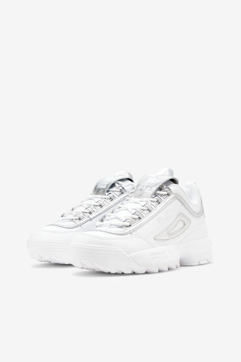 Women's Fila Disruptor 2 Creased Metallic Platform Shoes White / White / Metal Silver | g9yk2DF93XC